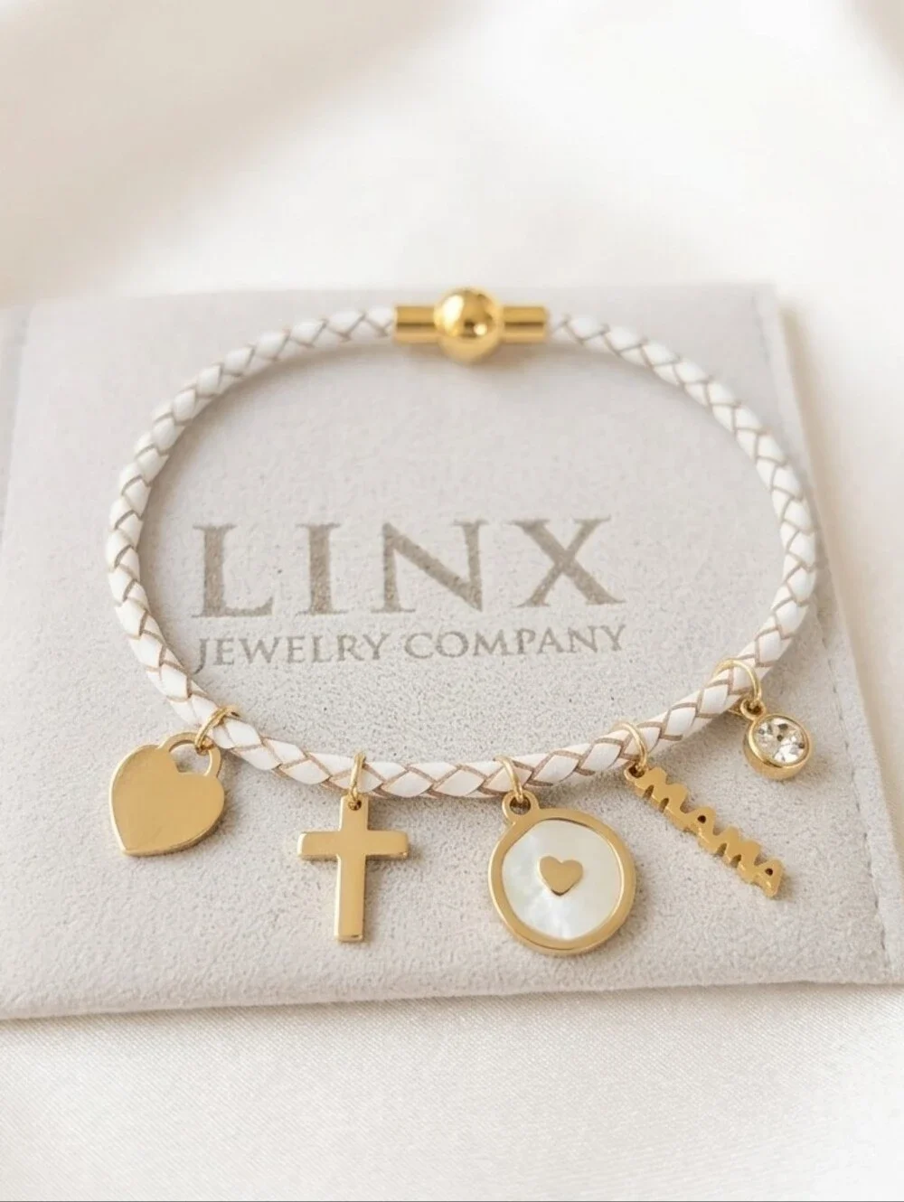 White Braided Leather Bolo Cord Bracelet With Charms